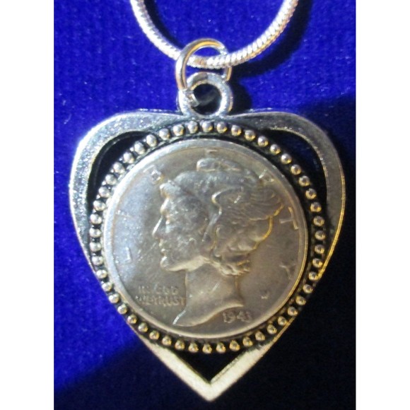 Sterling silver necklace 90% silver Mercury Dime, Cameo Love Heart +Gift Bag - Picture 2 of 4